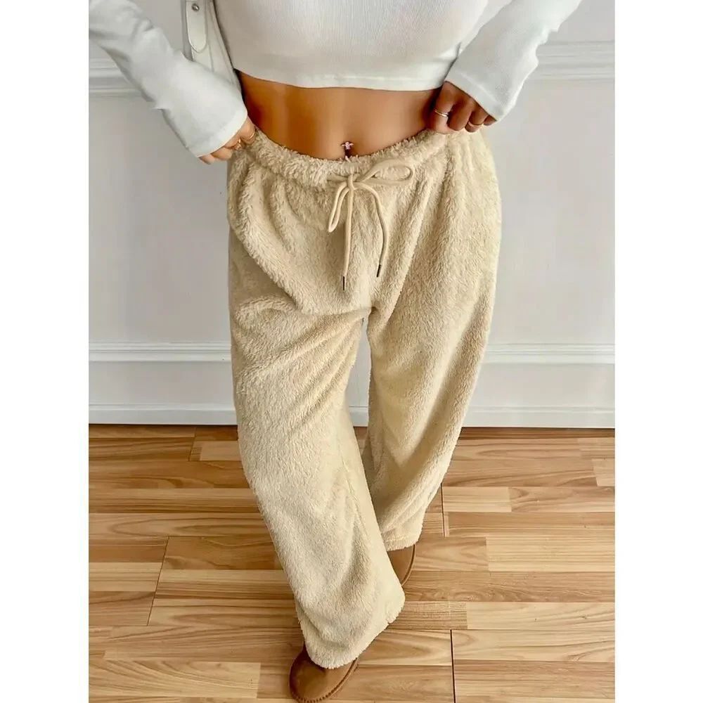 NWT Gorgeous L Cozy Fluffy Sherpa Tan Wide Leg Drawstring Waist Teddy Pants